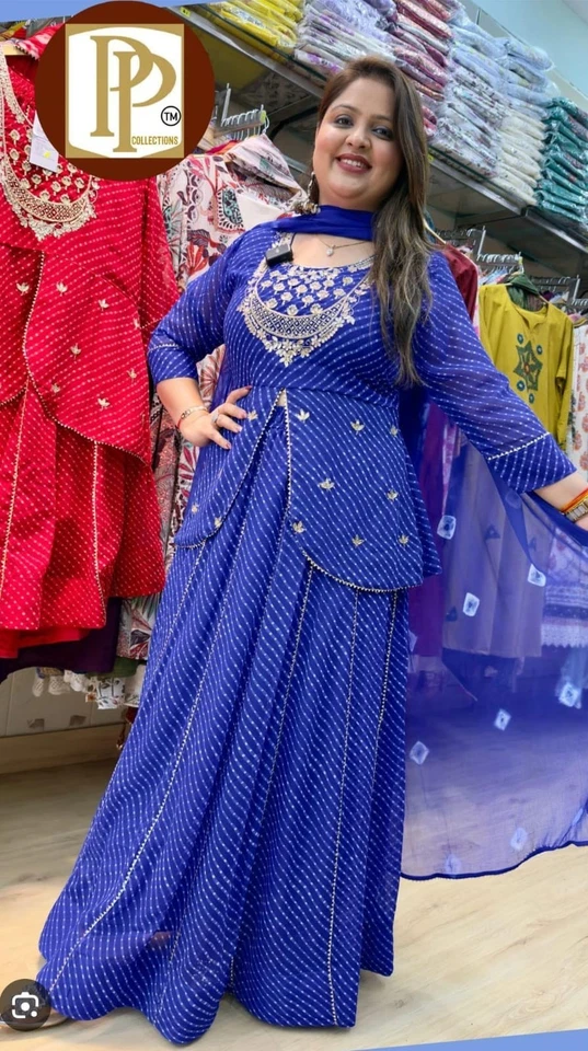 Royal Blue Embroidered Georgette Anarkali Set with Printed Dupatta(S To 3Xl) - Image 2 of 4