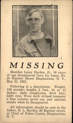 Binghamton NY Missing Boy Maulden Leroy Harden, Jr. c1921 Postal Card bhn