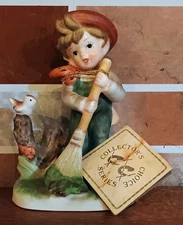 Vintage Flambro Collectors Choice Series Little Boy with a Broom & Bird on Post
