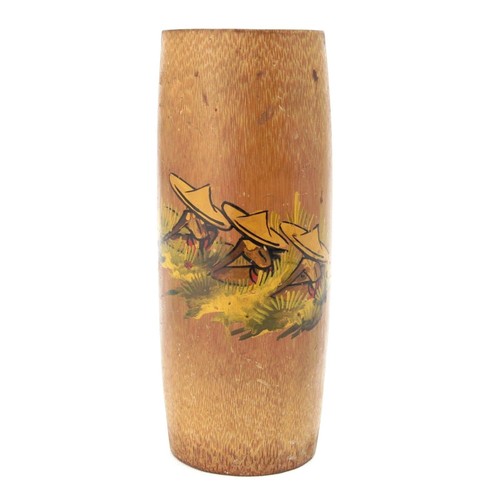 Vtg 7" Tall Bamboo Vase Hand Painted M. A. Latif Field Workers Picking Rice Hats - Picture 1 of 8