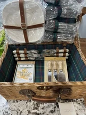 Large Wicker Picnic Basket 4 Person Setting Cups Plates Cutlery Cheese Board