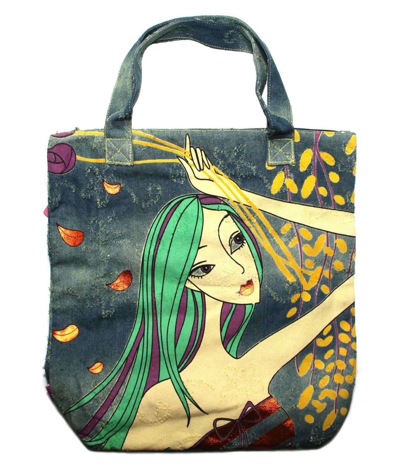Claudia Canova Womens Orange Leaf Distressed Denim Tote Bag