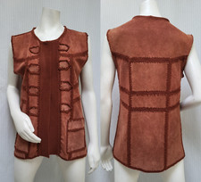 Vintage 70s Hippie Burnt Orange Patchwork Knit Suede Crochet Vest - Size M