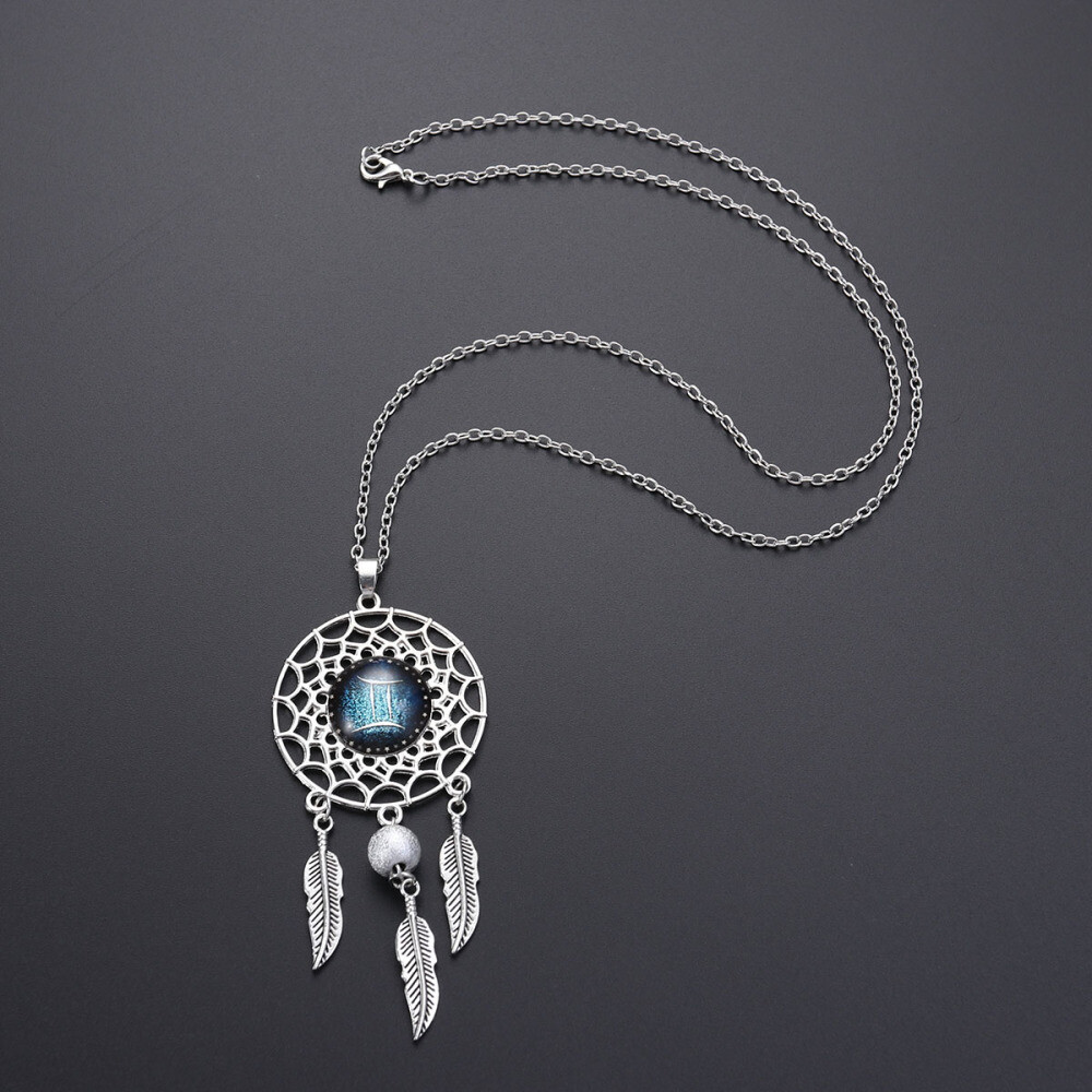 Dreamcatcher Necklace Retro Bohemia Zodiac Sign Pendant Dangling Feather Tassel