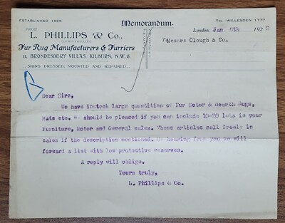 1923 L. Phillips & Co. Memorandum - Pelzteppichhersteller & Kürschner, Kilburn