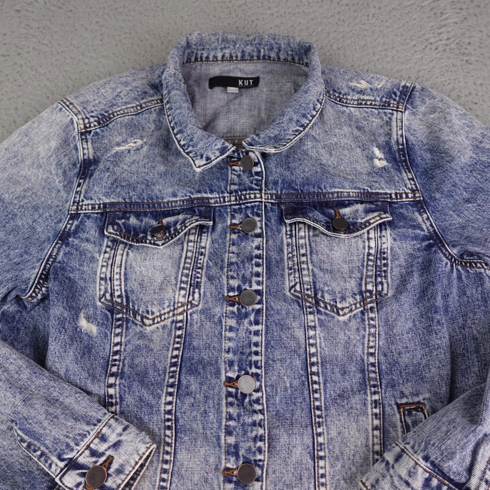 KUT Denim Jacket Womens Large Blue Denim Emma Boyfriend Light Wash Distressed - Image 4 of 4