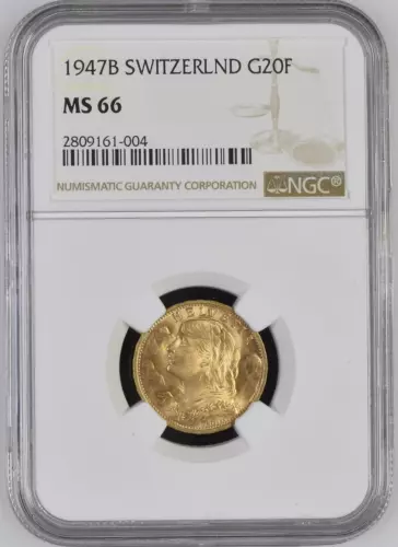 1947 Switzerland Gold 20 Francs KM-31 NGC MS-66