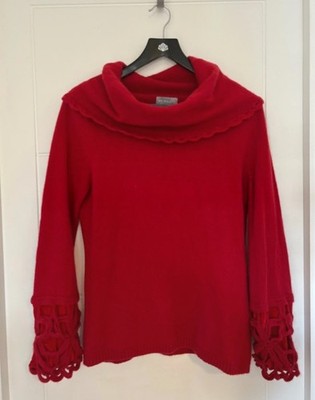 Per Una roter Lammwolle Angora Wasserfallausschnitt Pullover Gr. M Häkelbündchen sehr guter Zustand