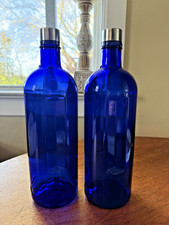 2 Large Cobalt Blue Glass Bottles Indented Handle Empty Skyy Vodka Liquor Lot