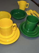 Vintage Kids Plastic Play Kitchen Plates, Bowls, Cups, Utensils CDI Yellow Green