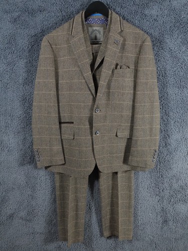Tuta Cavani uomo 46S 38x32 verde tweed finestra check 3 pezzi paraocchi a punta