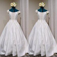Vintage 1980s Wedding Dresses Off The Shoulder A Line Satin Retro Bridal Gowns