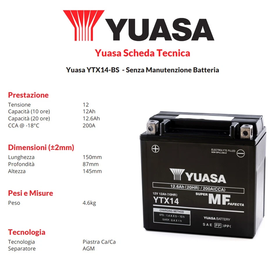 BATTERIA YTX14-BS YUASA ORIGINALE SIGILLATA BMW K 1300 R 1300 2009-2015 Foto 2 de 3