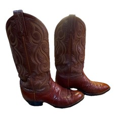 Tony Lama Brown Leather Western Embroidered Pull On Men's Mid-Calf Boots Ostrich
