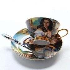 Bone China Coffee Cup and Saucer Set Vintage Ceramic Tea Cup With Gold Trim H...