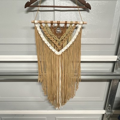 Handmade Macrame Wall Hanging Tapestry Fringe, Wooden Dowel, Crystal Tan Brown