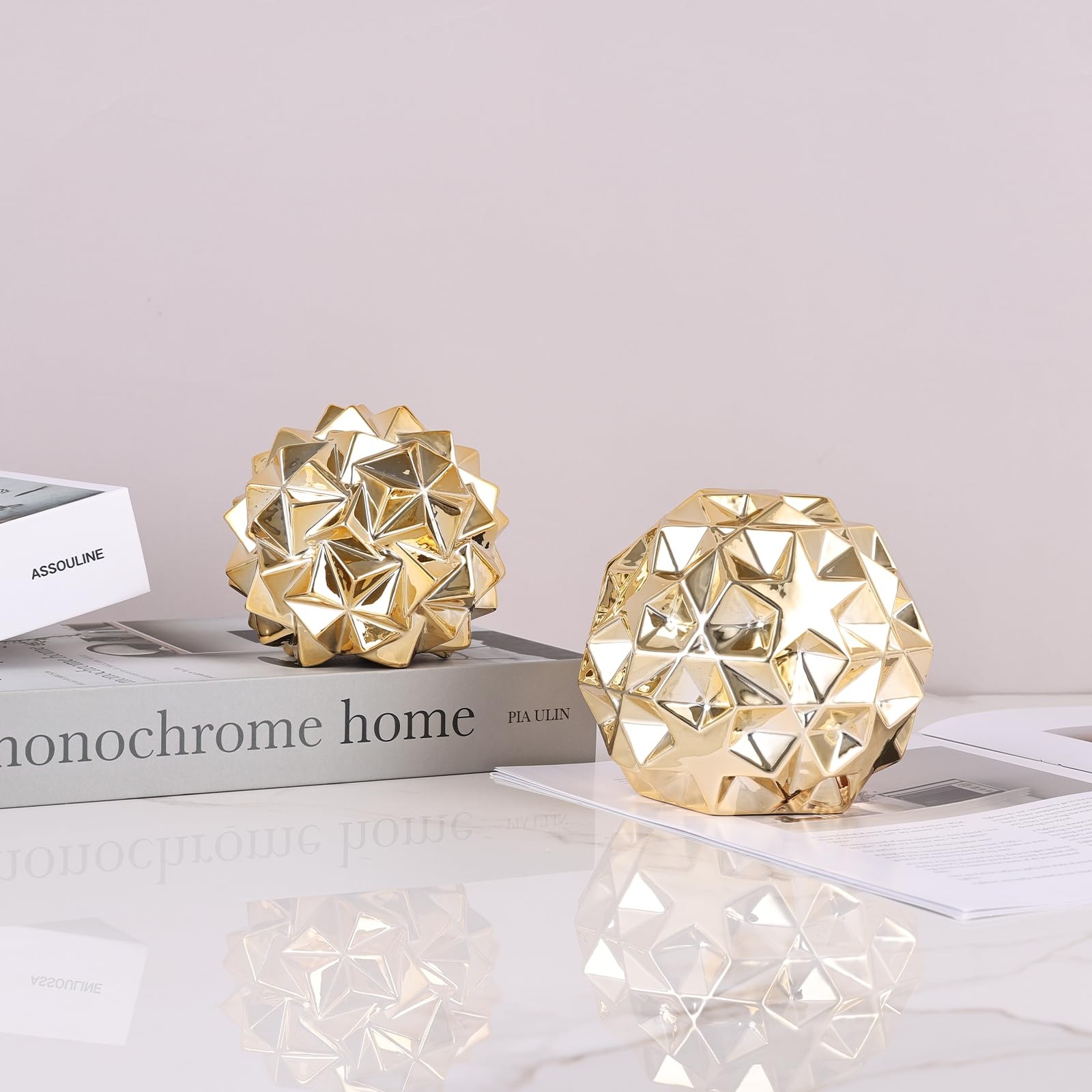 Gold Knot Orbs Ceramic 2PC Decorative Spheres Set - Modern Geometric Balls Ce...