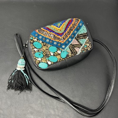 Ecote crossbody boho beaded faux leather hippie  6x4x1.5