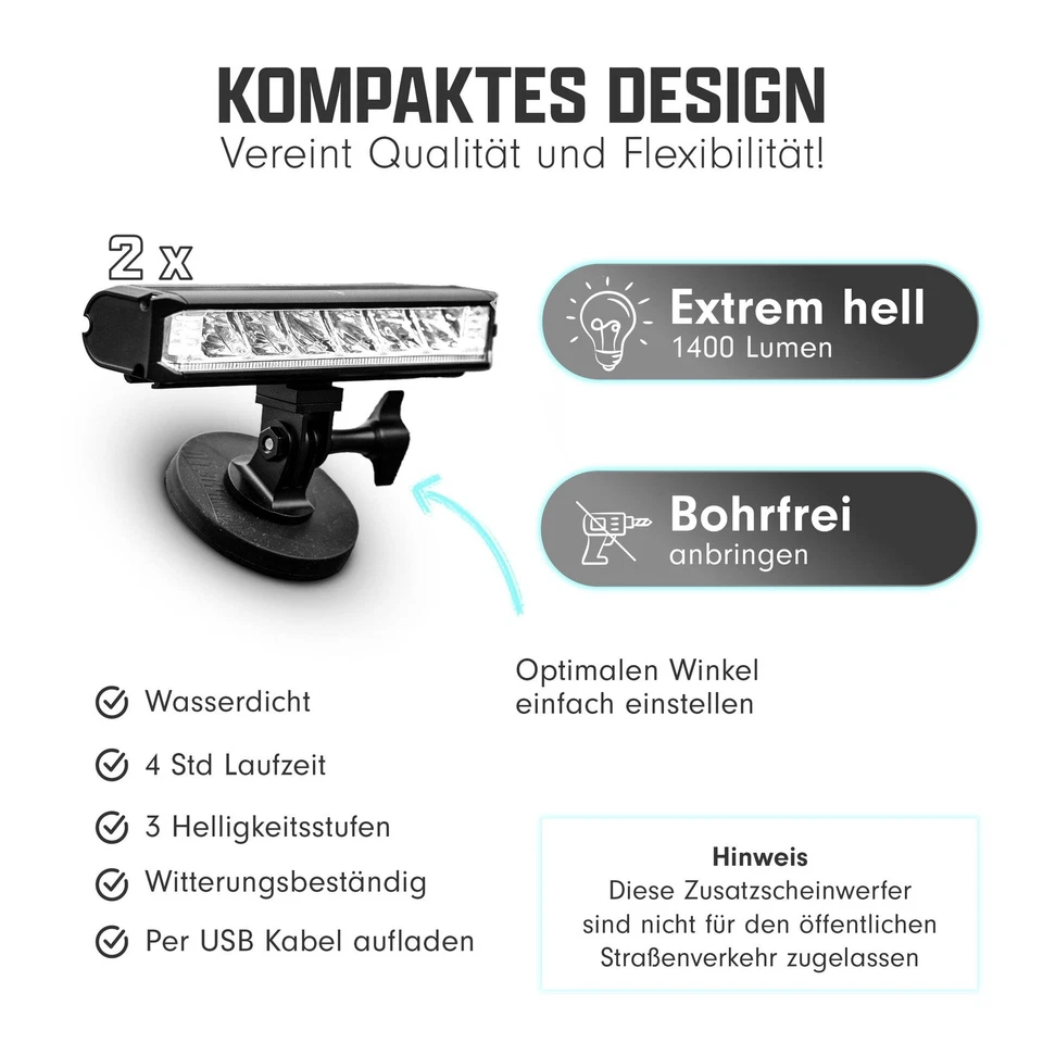 Campnetic Magnetische Zusatzscheinwerfer 2er Set inkl Akku - ohne zu bohren - Bild 4 von 4