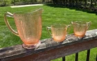 Vtg Jeannette Glass Peachy Pink Cherry Blossom Pitcher, Creamer & Sugar Set