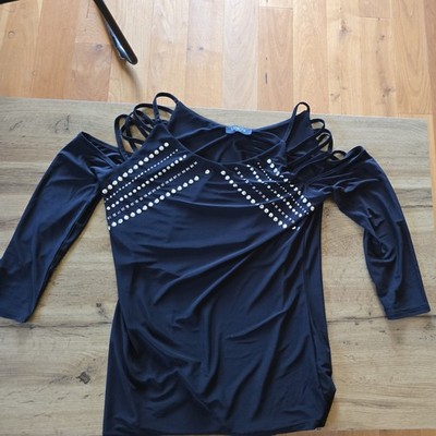 Melrose Tshirt Schwarz sexy Bänder an den Schultern Nieten Gr.. 42 Partyoberteil