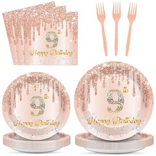 96 Pcs Rose Gold 9th Birthday Party Plates and Napkins for Girls Rose Gold Pa...