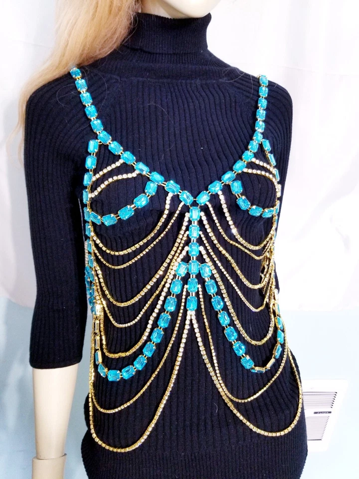 Rhinestone Body Belly Chain Crystal Bra Harness Large Blue - Image 3 of 4