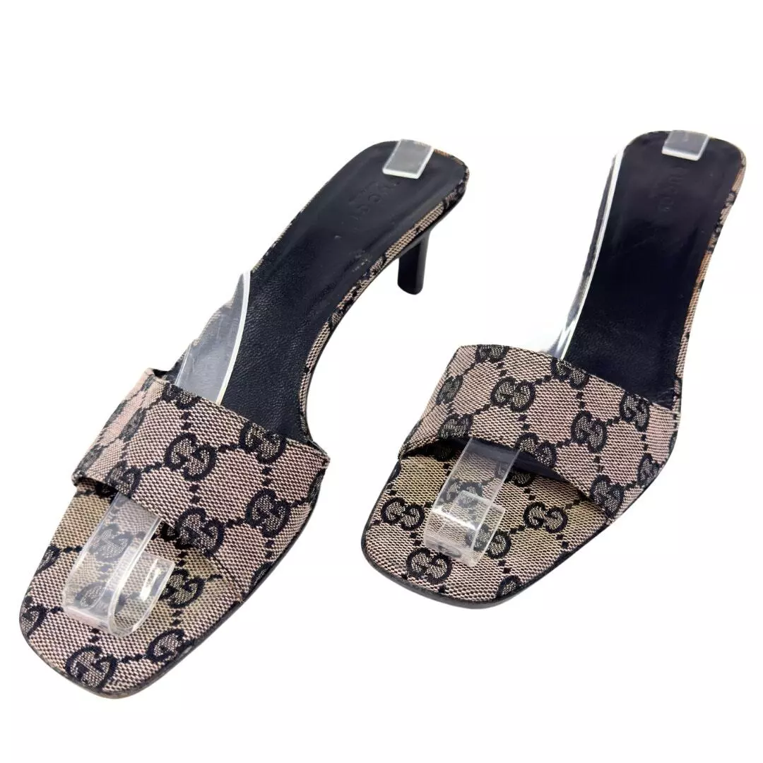 Gucci GG Logo Monogramme Suprême Toile Bleu Marine Noir Gris Talons Sandales Slides