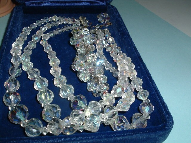 Vintage Aurora Borealis Rock Crystal Necklace  and Earrings Set in Gift Box