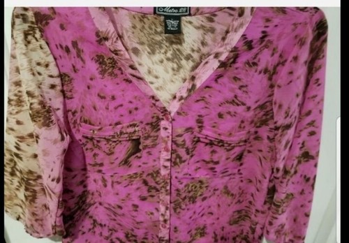 Metro 22 Sheer Button Up Blouse, Pinks/Browns 2 Chest Pockets , Size Large - Picture 3 of 8