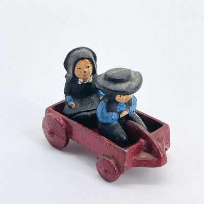 VTG MID-CENTURY 1940S JOHN WRIGHT CAST IRON AMISH BOY GIRL RED WAGON MINI FIGURE