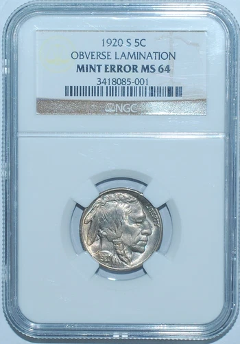 1920 S NGC MS64 Mint Error Obverse Lamination Buffalo Nickel