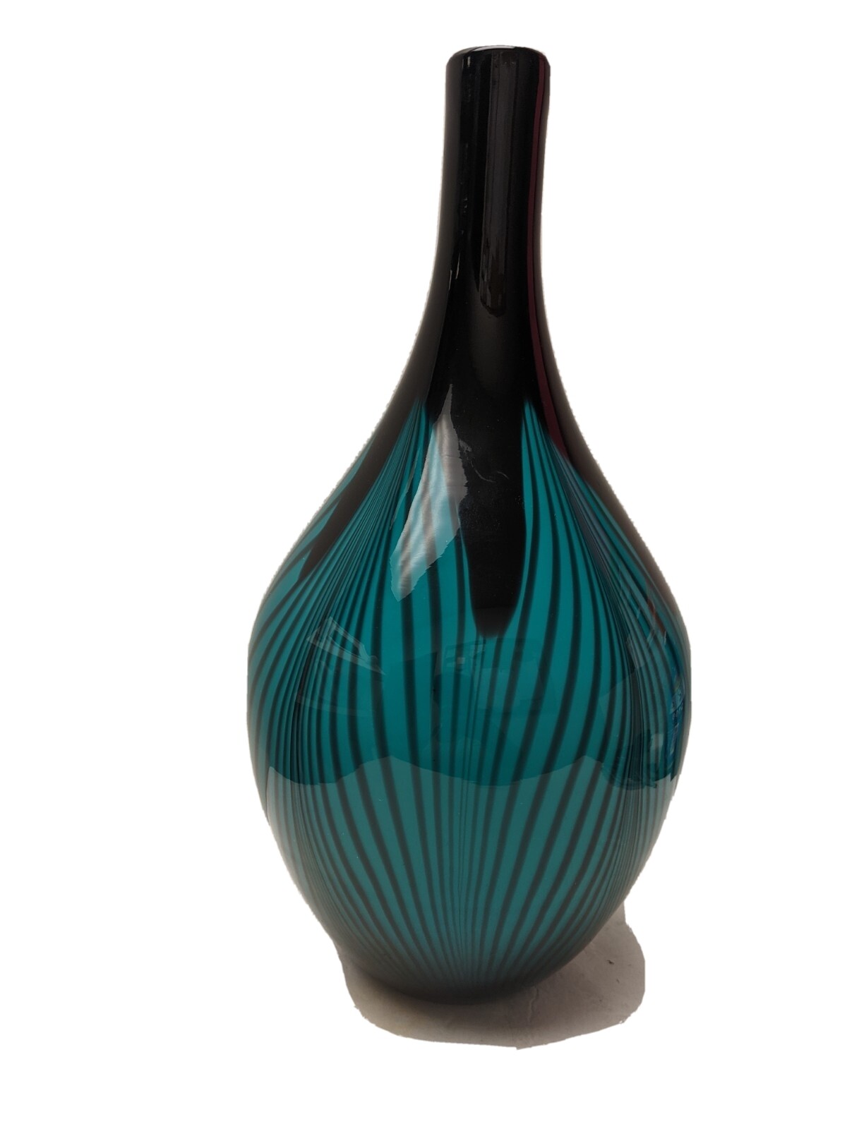 Spectacular feathered teal green art glass vase H16 W5inches