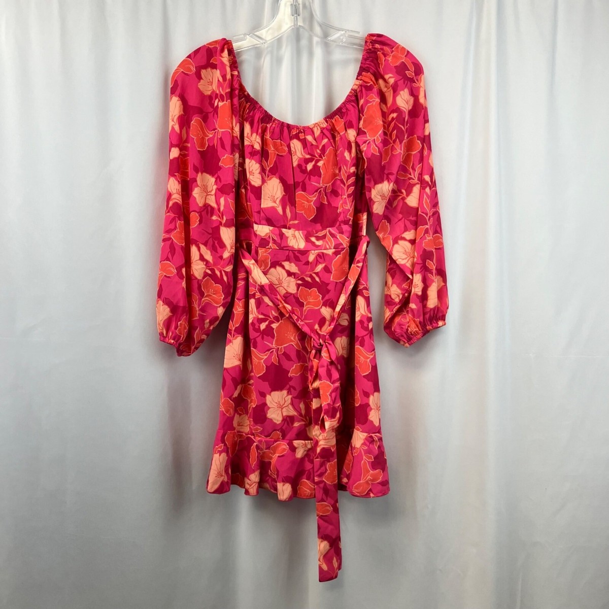 showpo orange and pink dress Showpo Off Shoulder Surplice Belted Mini Dress Pink/Orange Floral Size 4 New