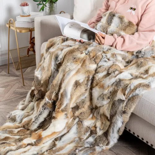 Echt Kaninchenfell Überwurf Luxus Warm Decke Sofa Tagesdecke Natur Gelb 55x63in - Bild 2 von 6