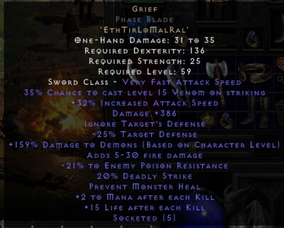  Diablo 2 D2R Grief Runeword Phase Blade