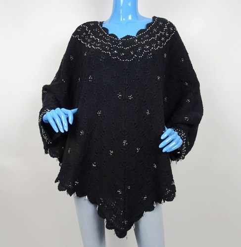 Handknits by Storybook Knits Beaded Poncho Shawl Cape Black Vintage Festival vtg
