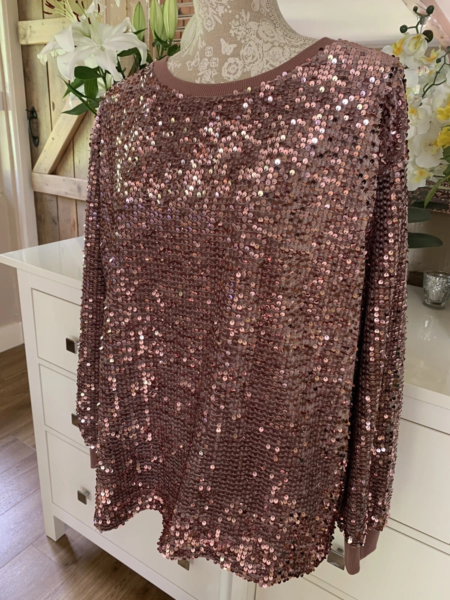 LADIES DESIGNER NEXT ROSE GOLD OVERSIZED BRUSHED SEQUIN SWEATSHIRT L 14 16 18