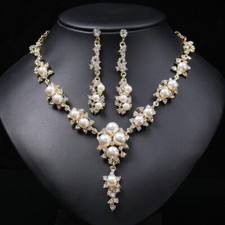Clear Crystal Faux Pearl Flower Drop Earrings Necklace Wedding Party Jewelry Set