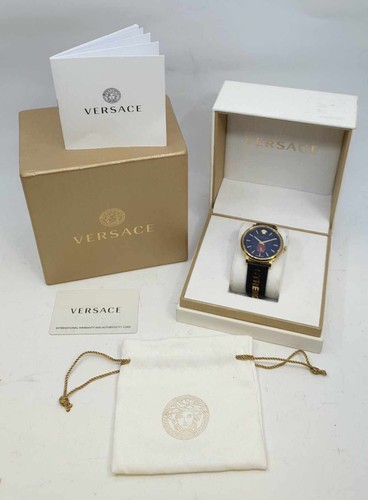 Versace VBQ050017 V-Circle 42mm Gold Tone Black Leather Strap Women's Watch
