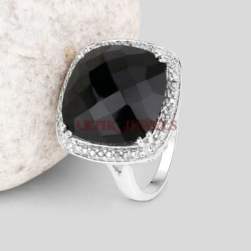 Natural Ónice Negro Piedra Con 14K Chapado en Oro Blanco Plata Anillo Mujer # - Imagen 15 de 20