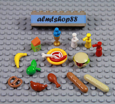 LEGO - 16 pcs Lot Picnic BBQ Drumstick Bread Pretzel Hamburger Minifigure Food