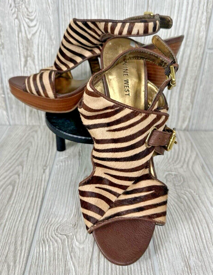 Vintage Nine West Open Toe Platform Cow Leather Shoe Zebra Print Fur Size 8 Heel - Image 3 of 4