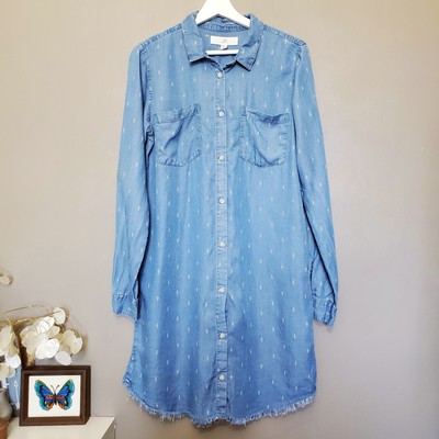 Thread & Supply Shirt Dress Womens Size Medium Blue Chambray Ikat Print Raw Hem