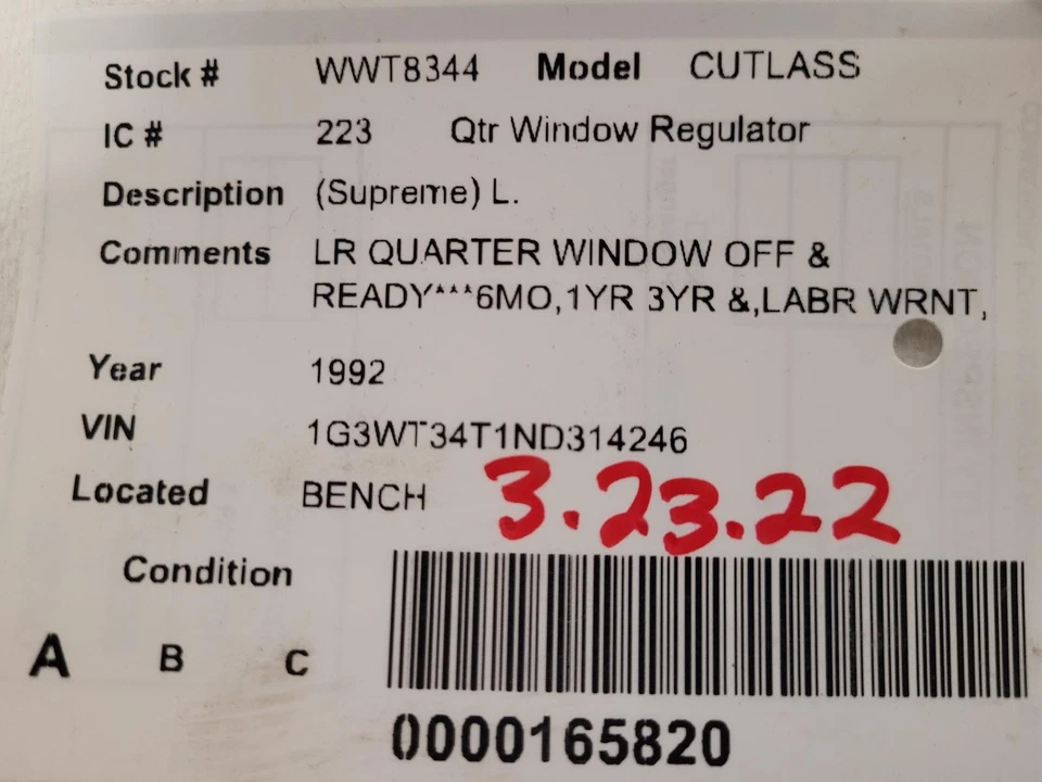 Regulador de ventana trasero izquierdo Qtr usado se adapta a: Oldsmobile Cutlass Supreme Left G 1992 Foto 3 de 4
