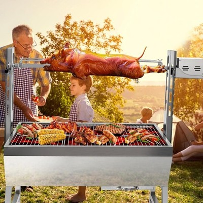 132 LBS Rotisserie Grill Stainless, 37'' Pig Lamb Hooded Roaster Charcoal Spit