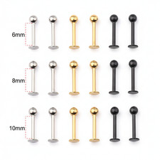 16G Labret Stud Surgical Steel Ball Earring Flat Back Tragus Helix Piercing 2Pc