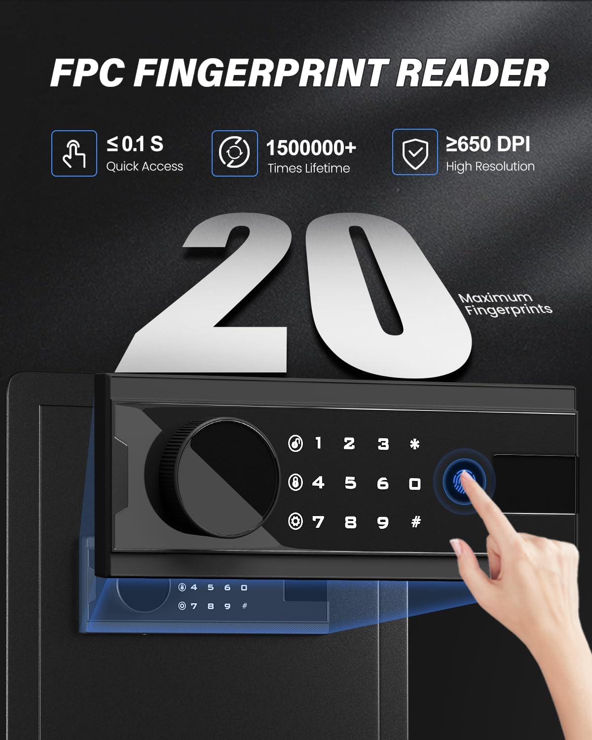 Kavey 2.0 Cub Biometric Safe Box, Fingerprint Safe Backlit Touch Screen Keypad