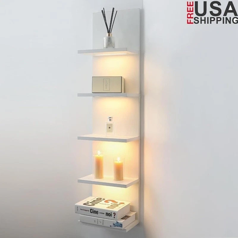 5 Tier Wall Shelf W/ LED Lights Elegant Storage Stand Home Space Decor New