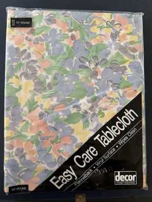 Vintage NOS Vinyl Tablecloth Floral Flannel Back 70  Round Colorful Spring